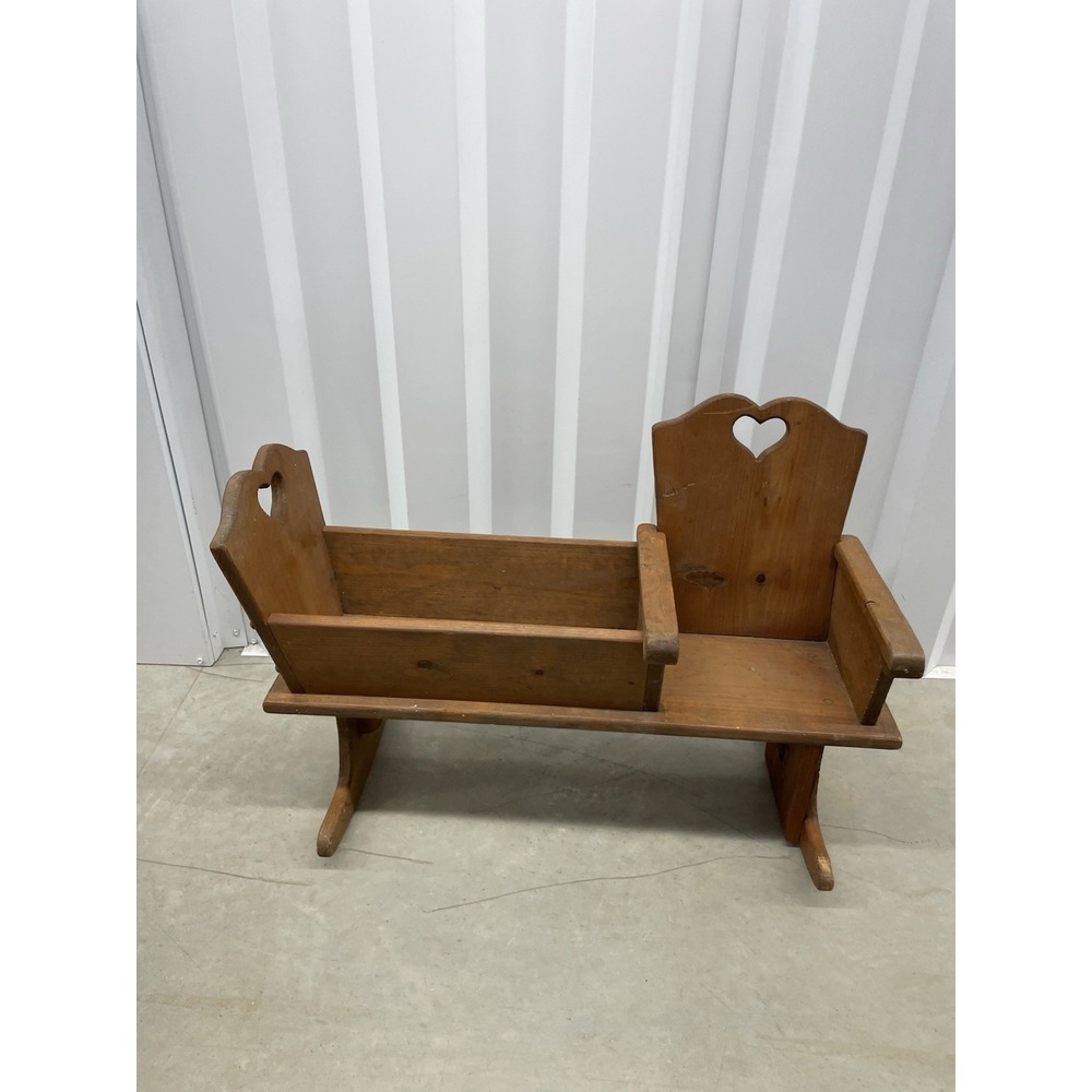 Vintage Wood Doll Cradle Rocking Bed With Seat & Heart Cutout Granny Core